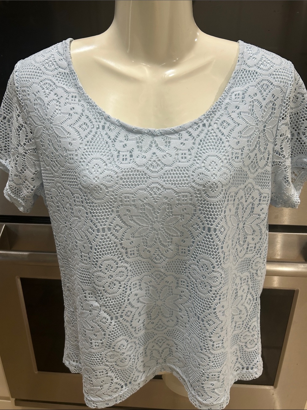 Sag Harbor Light Blue Crochet Lace Short Sleeve Top